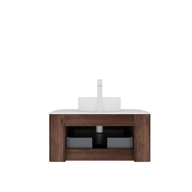 35" Wall-Mounted Bathroom Vanity with 14" Glossy Ceramic Vessel Sink, Dark Walnut 3D Striped Finish