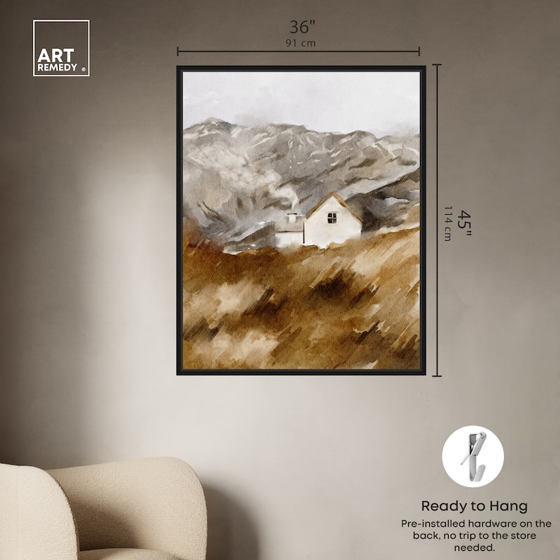 Art Remedy House In The Mountains Framed Landscape 1 Piece Canvas Wall Art Watercolor Style