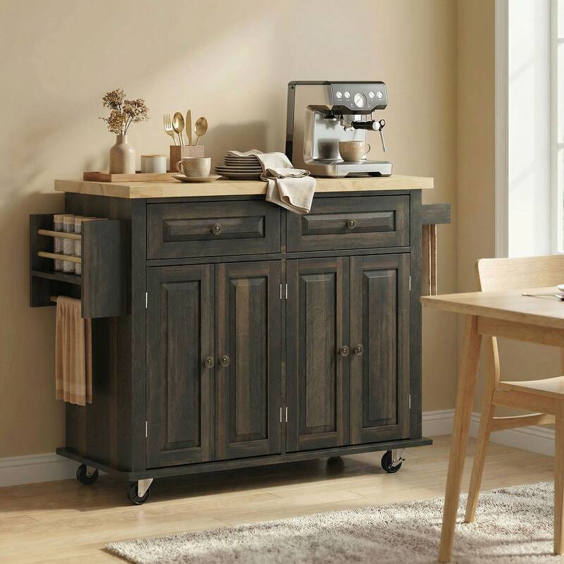 HOMCOM Kitchen Island on Wheels, Rolling Cart with Rubberwood Top, Spice Rack, Towel Rack and Drawers for Dining Room, Brown Oak