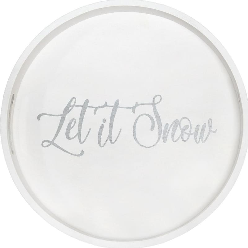 HomeRoots 14" White And Silver Let It Snow Round Serving Tray With Handles - 13.75 in. x 1.65 in. x 13.75 in.