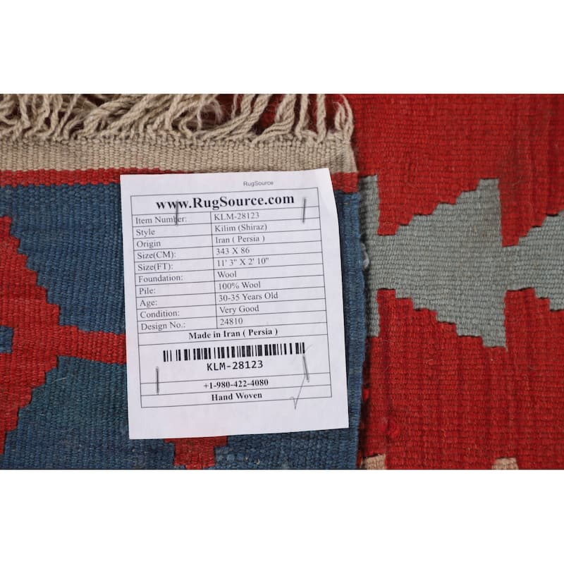 Kilim Shiraz Persian Vintage Runner Rug Flatweave Wool Carpet - 2'10"x 11'3"