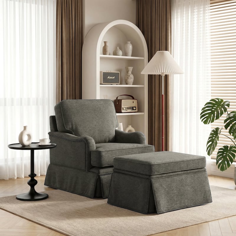 Skirted Swivel Accent Nailhead Barrel Chair With Storage Ottoman Set