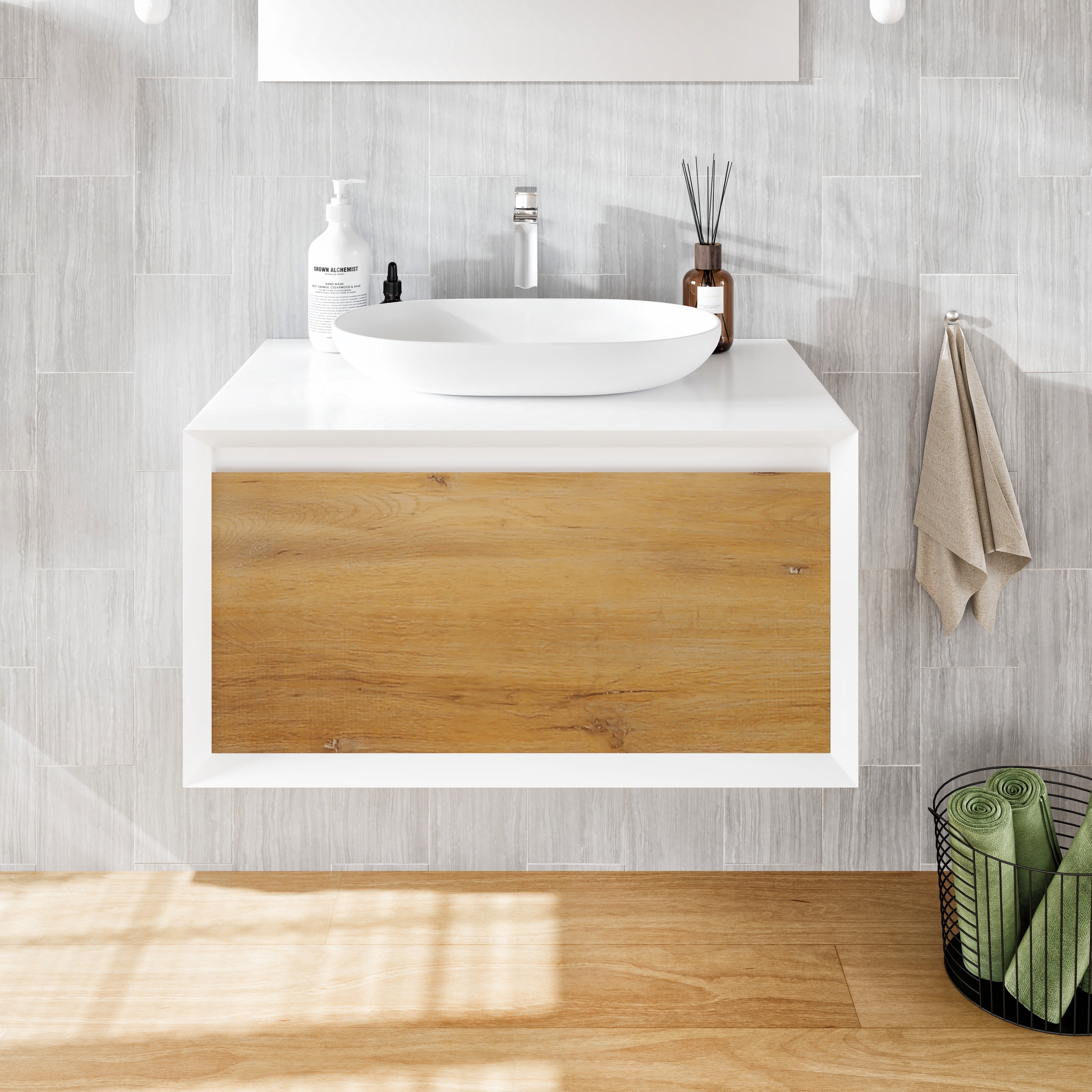 Santa Monica 30 in. W x 22 in. D x 16 in. H Single Bath Vanity in Gray Oak with White Vessel Sink