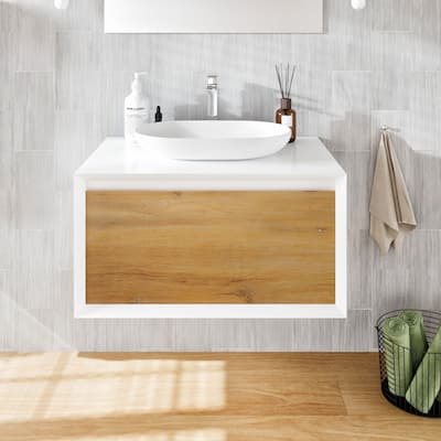 Santa Monica 30" White Oak Wall Mount Bath Vanity with Acrylic Vessel Sink