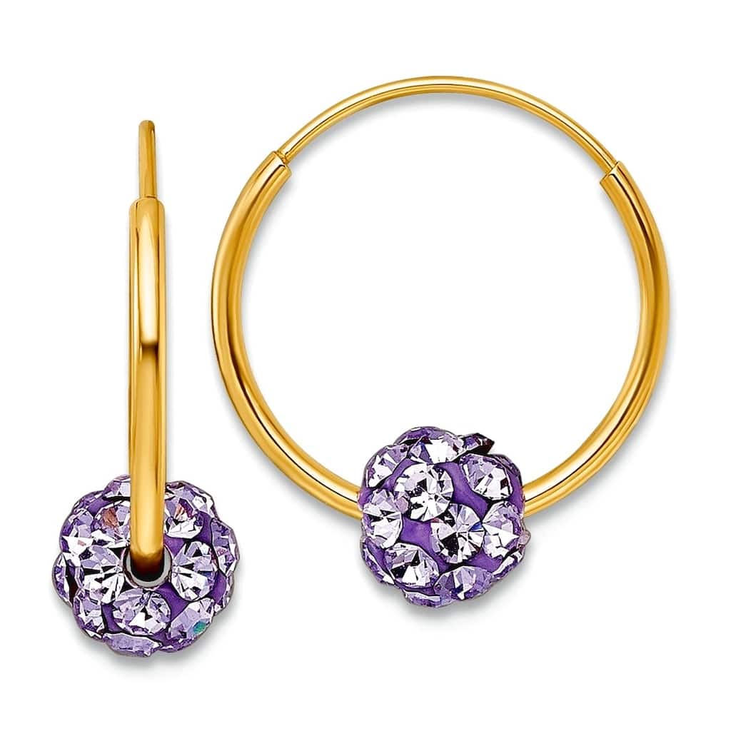 Curata 14k Yellow Gold Lavender Crystal Ball 13mm Endless Hoop Earrings