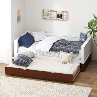 Twin Daybed with Trundle - Solid Wood Sofa Bed Frame, 350lbs Capacity, Locking Wheels , Multi-Functional for Living Room