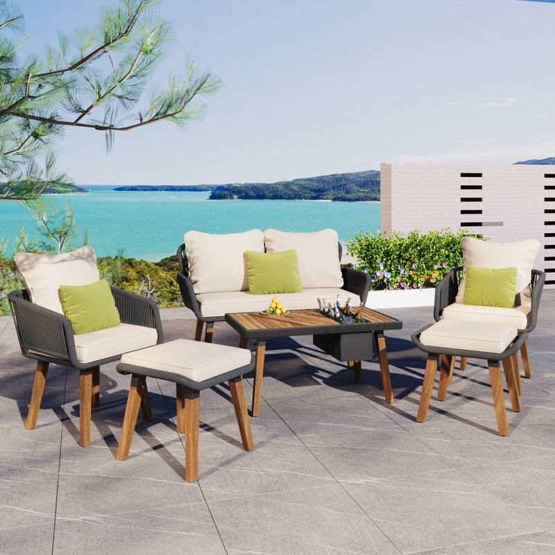 6-Piece Rope Patio Furniture Set with Acacia Wood Cool Bar Table and Ice Bucket