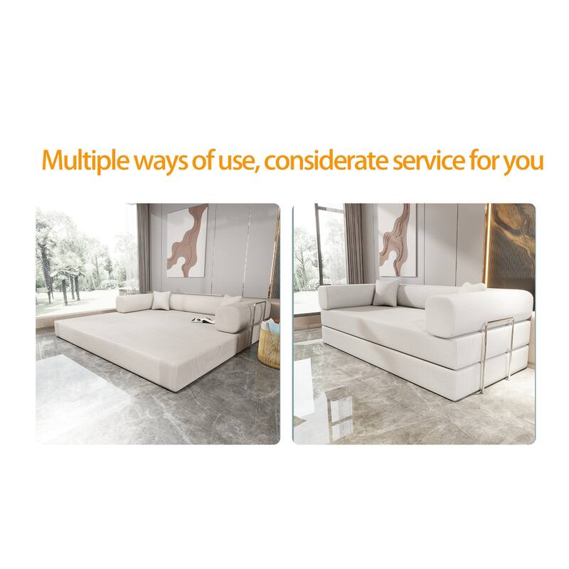 Beige Corduroy and Foam Double Sofa Bed with High - Elasticity Sponge and Soft Pillows