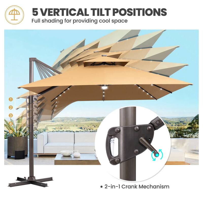 10 FT x 13 FT Outdoor LED Lighted Double Top Patio Cantilever Umbrella with Base Stand
