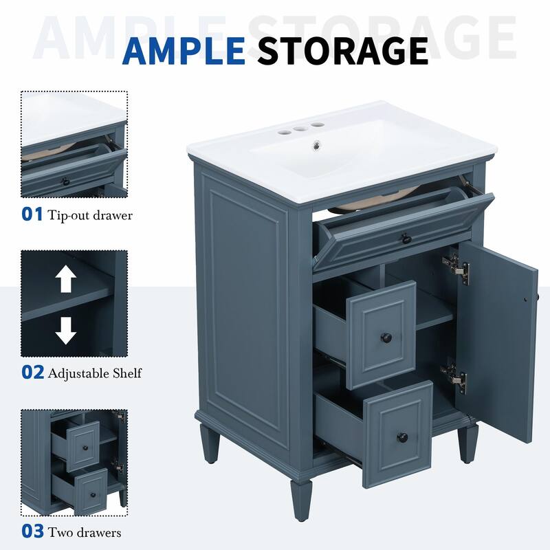 24" Bathroom Vanity with Sink, Bathroom Vanity Cabinet with One Flip Drawer and Two Drawers, Adjustable Shelf
