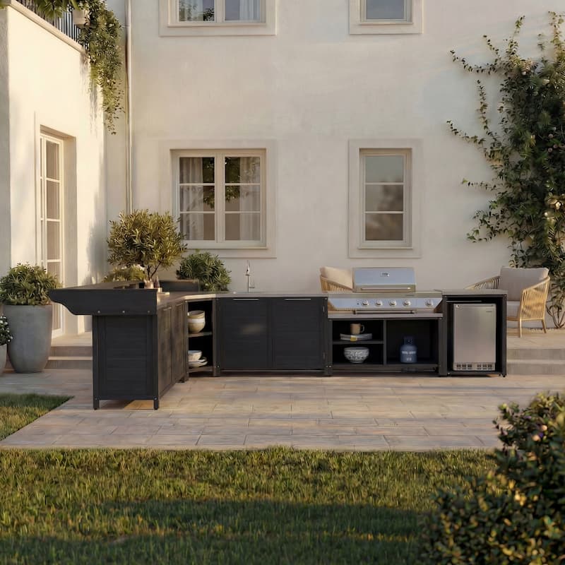 Modular Outdoor Kitchen Island Set, 100% Solid Wood BBQ Cabinet , Patio Kitchen Bar Table - 101.5"W(Black Wood)