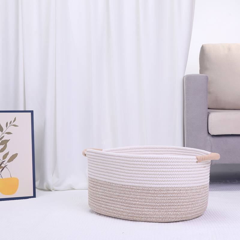 Woven Storage Basket Bin with Handles, Shelf Closet Storage Bin for Home Decor Living Room Blankets, Clothes, Shoes