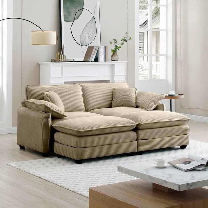 Tan 4-Piece Corduroy Modular Sleeper Sectional Sofa, 2 Removable Ottomans & 4 Pillows