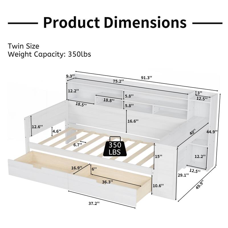 Wooden Twin Size Daybed with Storage Shelves