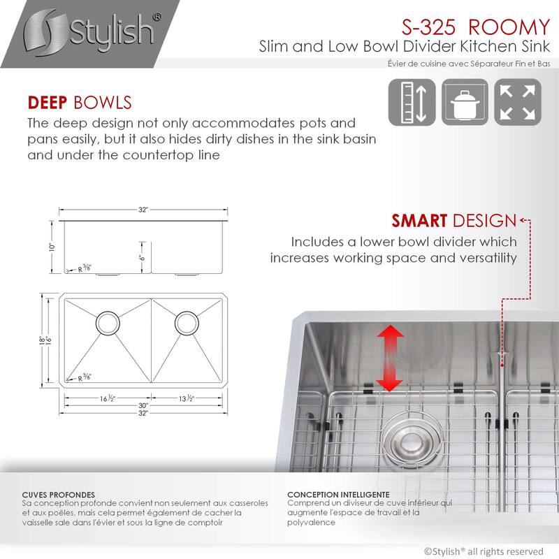 STYLISH 32 L inches x 18 W inches Stainless Steel Double Basin Low Divider Undermount Kitchen Sink with Grids and Strainers