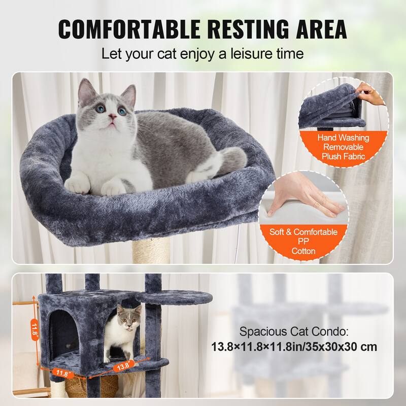 Cat Tree for Indoor Cats, 60.6" Cat Tower with Cat Condo, Sisal Scratching Post, Hammock, Top Perch, Jumping Platforms
