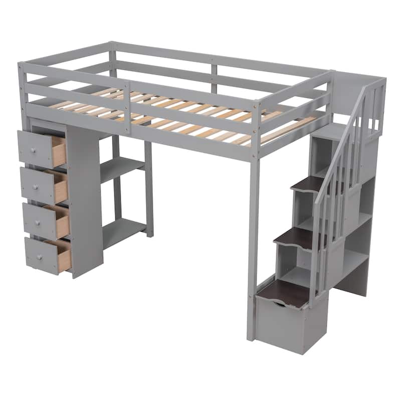 Loft Bed with Storage Drawers ,Desk and Stairs, Wooden Loft Bed with Shelves