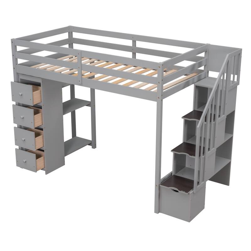 Twin Loft Bed with Storage Drawers, Shelves, and Stairs in Gray