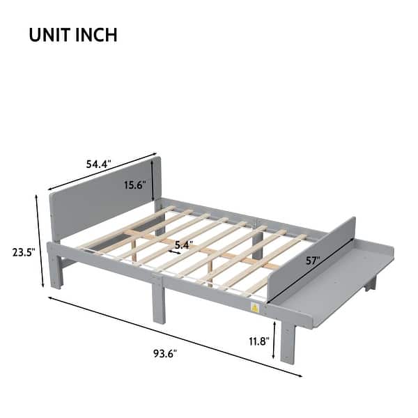 Grey Full Size Wood Platform Bed w/ Footboard Bench Upholstered Bed Frame