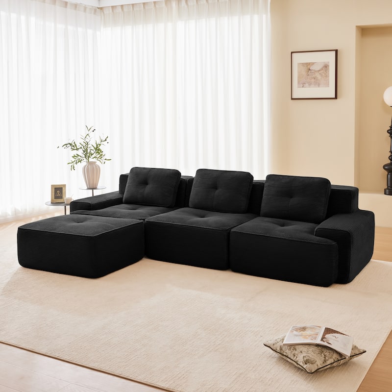 L-Shaped Modular Sectional Sofa with Movable Ottoman, Corduroy Boneless Cloud Couch, Tufted Deep Seat Sofa with 3 Pillow - Black