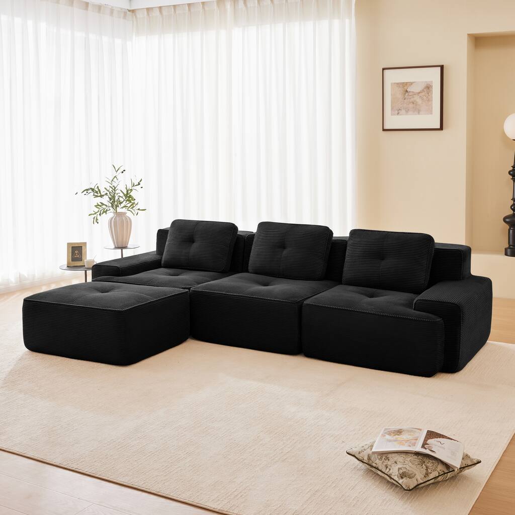 L-Shaped Modular Sectional Sofa with Movable Ottoman, Corduroy Boneless Cloud Couch, Tufted Deep Seat Sofa with 3 Pillow