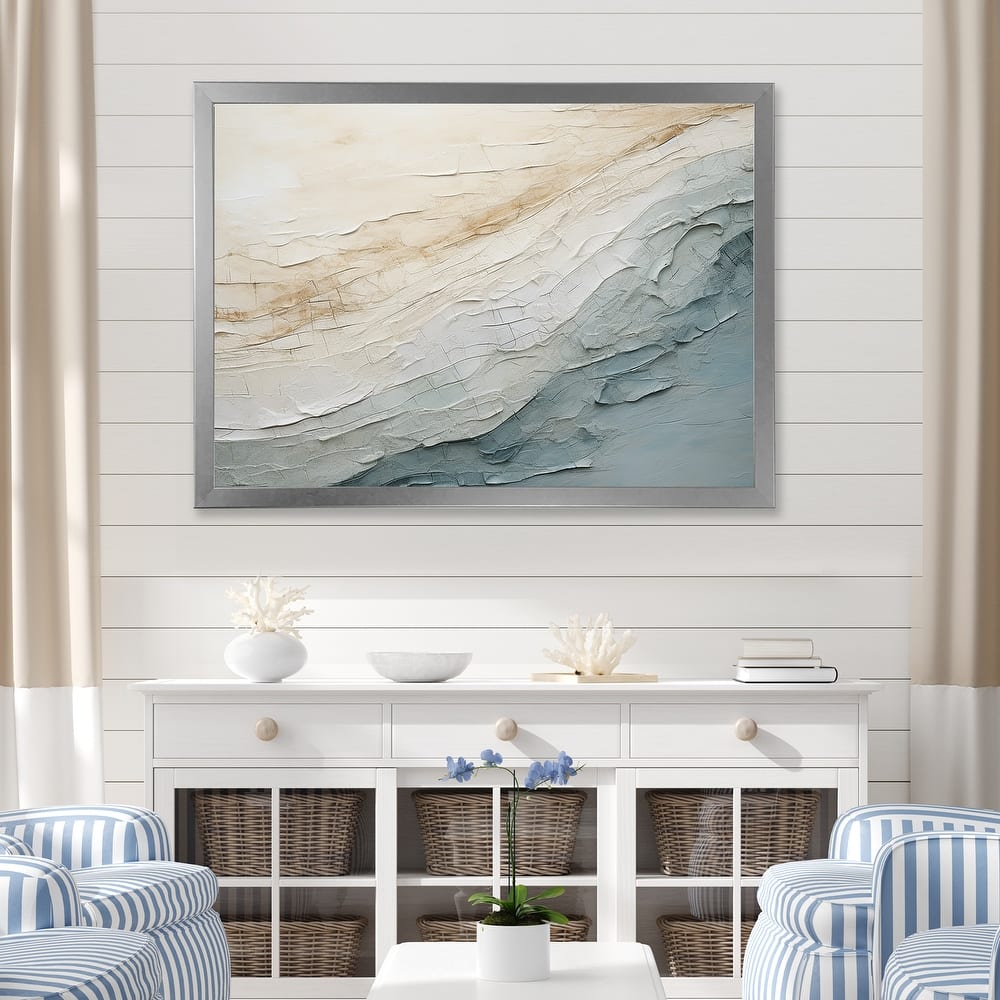 Designart "Minimalism Beige And Grey Wave Horizon I" Coastal Minimalism Framed Wall Decor