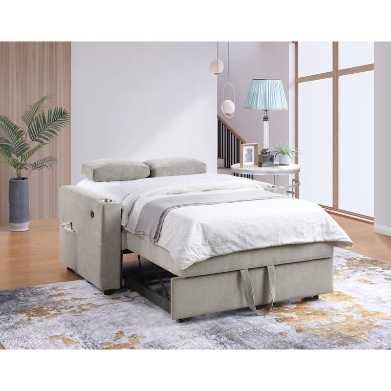 3 in 1 Convertible Pull Out Couch, Tufting Loveseat with Cupholders and USB Ports, 2 Seater Sofa with Pillows and Storage Bag