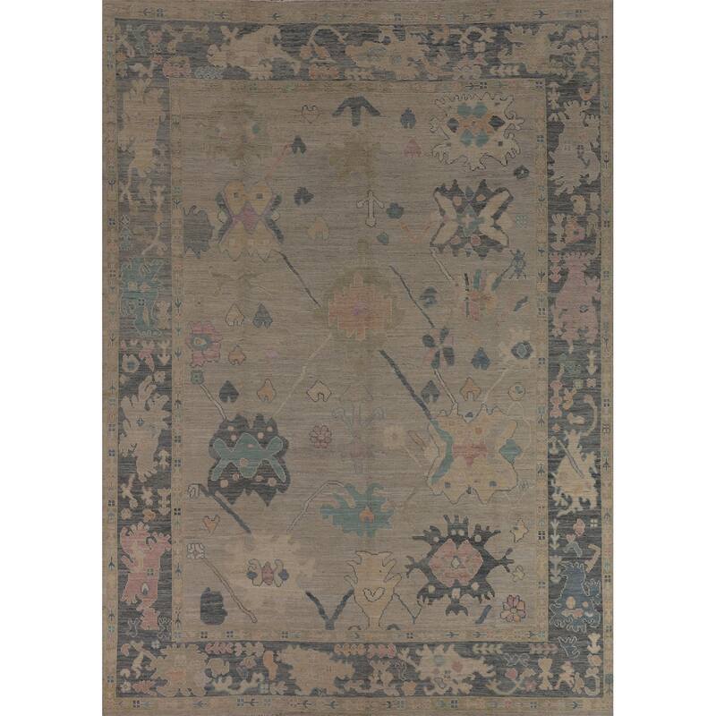 Beige Oushak Turkish Rug Hand-Knotted Oriental Wool Carpet - 8'11"x 11'11"