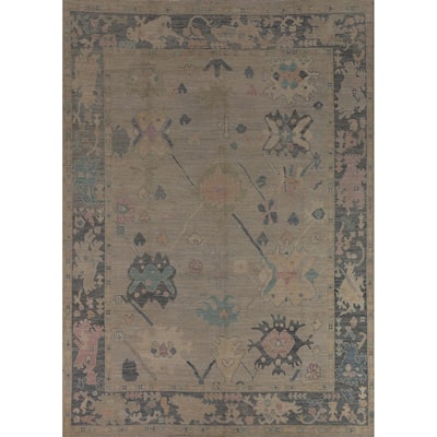Beige Oushak Turkish Rug Hand-Knotted Oriental Wool Carpet - 8'11"x 11'11"