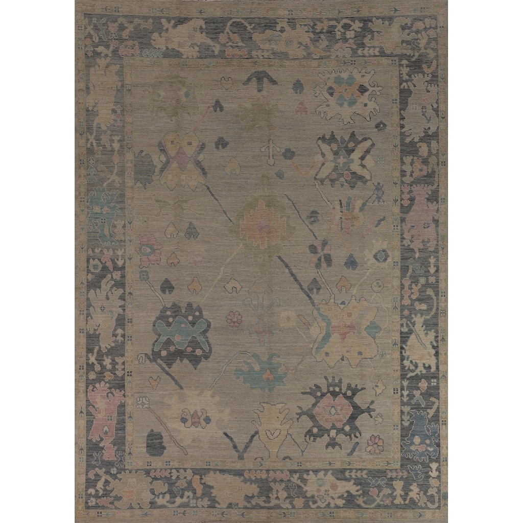 Beige Oushak Turkish Rug Hand-Knotted Oriental Wool Carpet - 8'11"x 11'11"