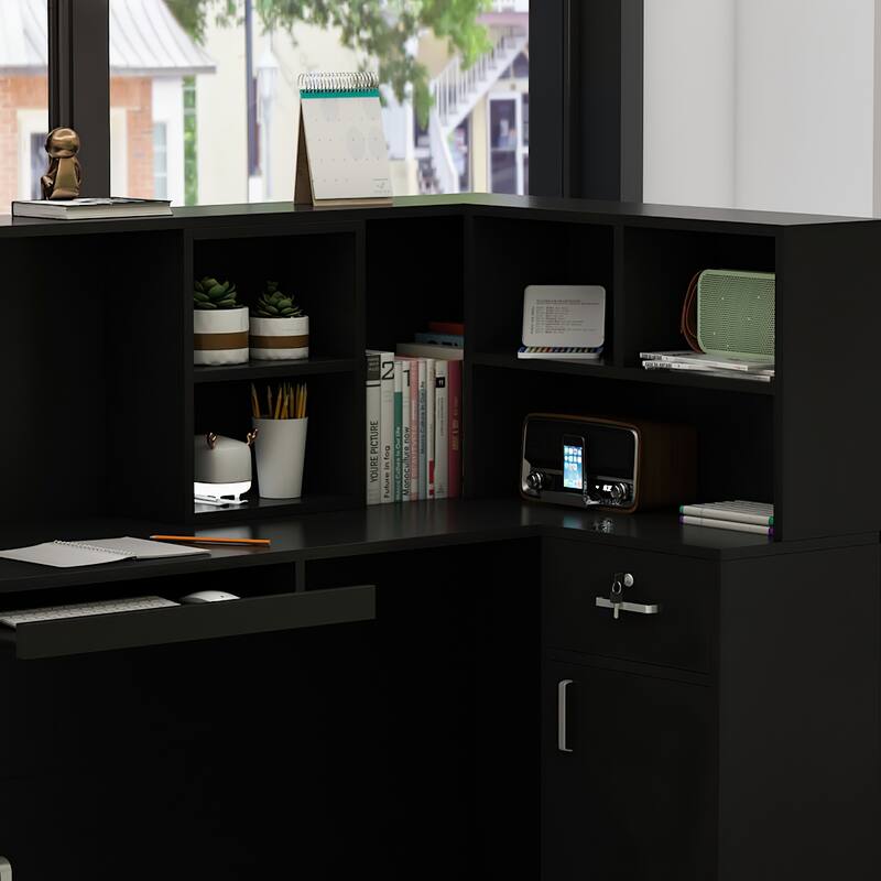 Timechee Reception Desk L-Shaped Counter Shelves Drawers Reception Table