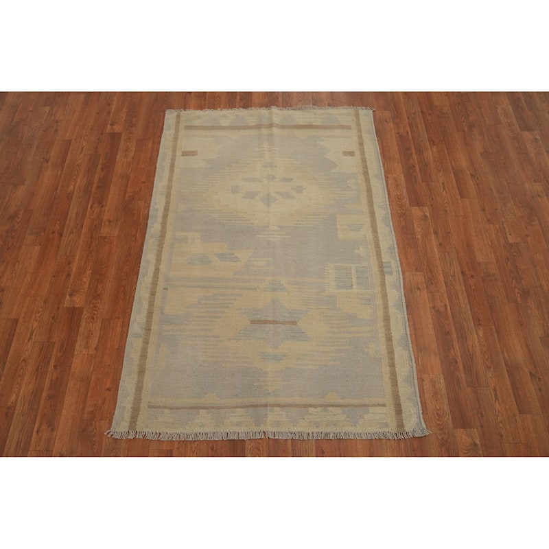 Hand Woven Oriental 100% Wool Carpet Southwestern Tribal Greys & Charcoal Kilim Area Rug - 5' 5'' X 3' 7''