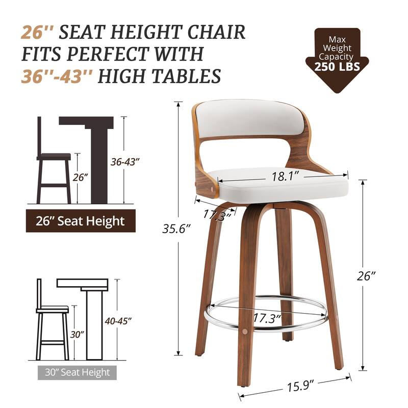 26.in Modern Set of 4 Leather Bar Stool Swivel Upholstered Hollow Back Counter Height Barstool with Wood Frame