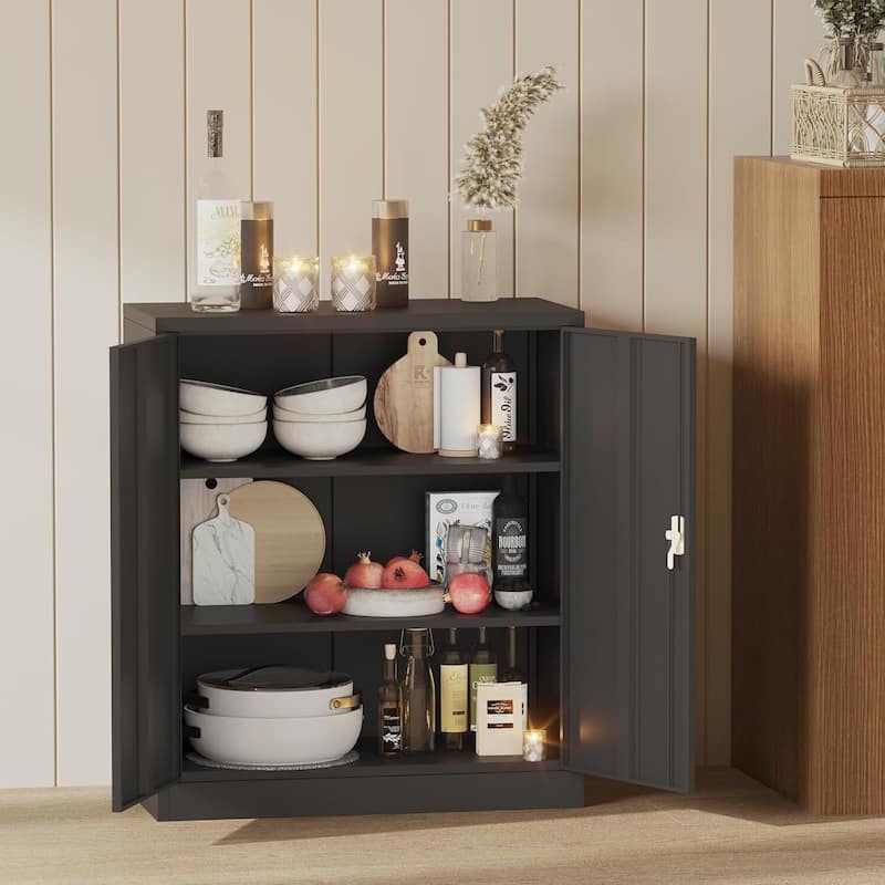 35.4" Metal Storage Cabinet with Lock with Adjustable Shelf for Garage, Workshop, Home - N/A - Black