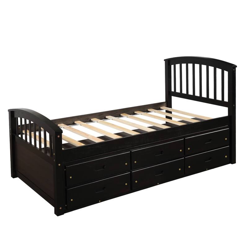 Twin Size Platform Storage Bed with 6 Drawers, Solid Wood Frame