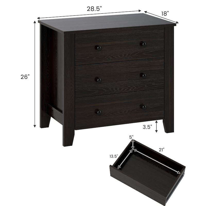 3-Drawer Dark Brown Engineered Wood Dresser with Smooth Metal Rails for Living Room