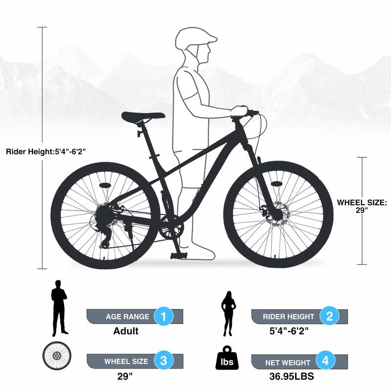 29 Inch Single Speed Mountain Bike with Front Suspension, Double Disc Brakes, Steel Frame for Adults, Boys & Girls