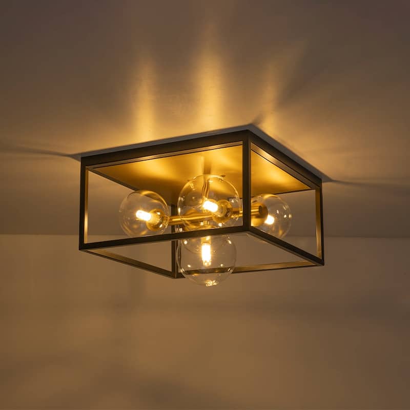 5-Light Dining Room Square Flush Mount With Clear Glass Globe Shade - 14.2in