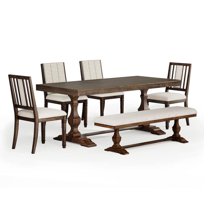 6-pieces Farmhouse Dining Table for 6, 74.8" Kitchen Table Set with 4 Chairs and Bench, Solid Wood Legs and Cushion Seat