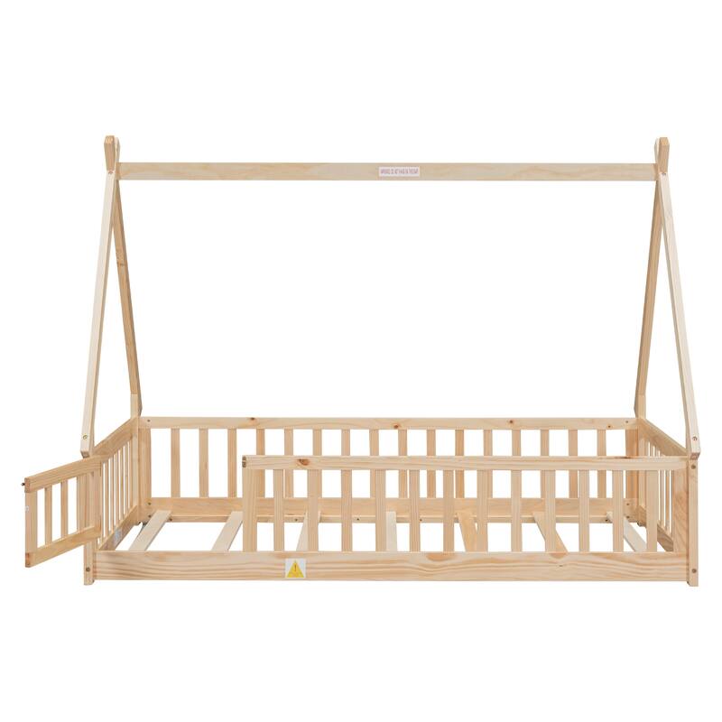 Twin Tent-shaped Floor Bed, Pine Fun Playhouse Bed Frames, With Guardrails, Slats, Door, House Bed Frame With Roof