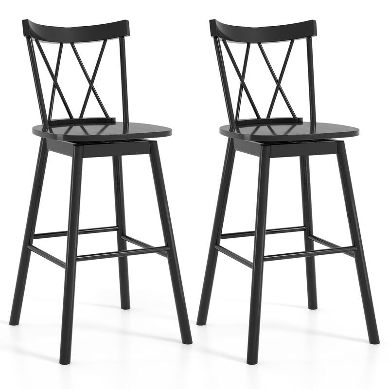 Set of 2 Black Rubber Wood Swivel Bar Chairs with Footrest and Curved Back - Black-29 inches