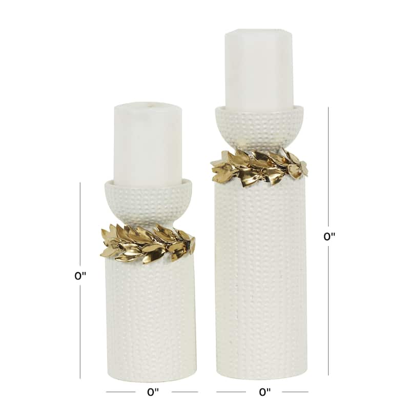 Ceramic Decorative Candle Holder with Abstract Spotted Pattern and Gold Leaf Accents - Set of 2 White - Roche River Decor
