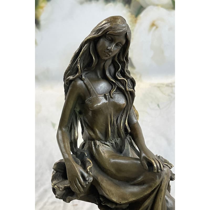 Nymph Girl Sitting On Flower Bronze Statue Sculpture Figure Fantasy 9 Inches X 5 Inches