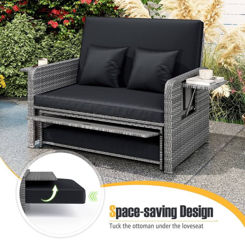 Gymax Rattan Daybed Wicker Loveseat Sofa Set w/ Ottoman & Retractable