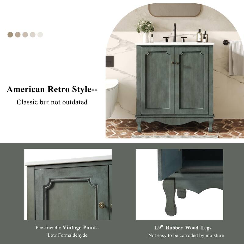 30" Bathroom Vanity with Rectangle Ceramic Sink, Antique Handles and 2 Doors, Solid Wood Legs and Adjustable shelves