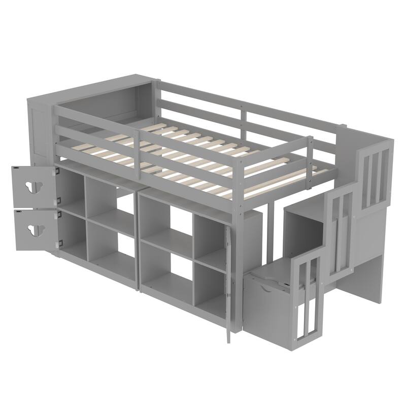 Grey Twin Size Low Loft Bed with Shelves, Storage Headboard, and Stairs