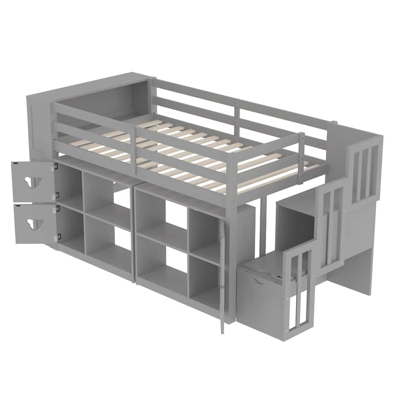 Kids Twin Size Captains Bed Low Loft Bed with LED, Cabinets, Stair Drawers and Shelves, Cabinet Door with Bear-shaped Handles