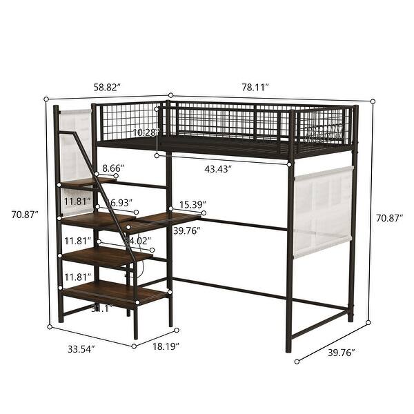 dimension image slide 1 of 2, Twin Size Loft Bed with Built-in Charging Station & LED Lighting, Heavy-Duty Metal Loft Bed Frame with Desk & Safety Guardrails