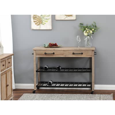 Two Drawer Rustic Natural Wood Kitchen Cart with Black Metal Rack Open Storage