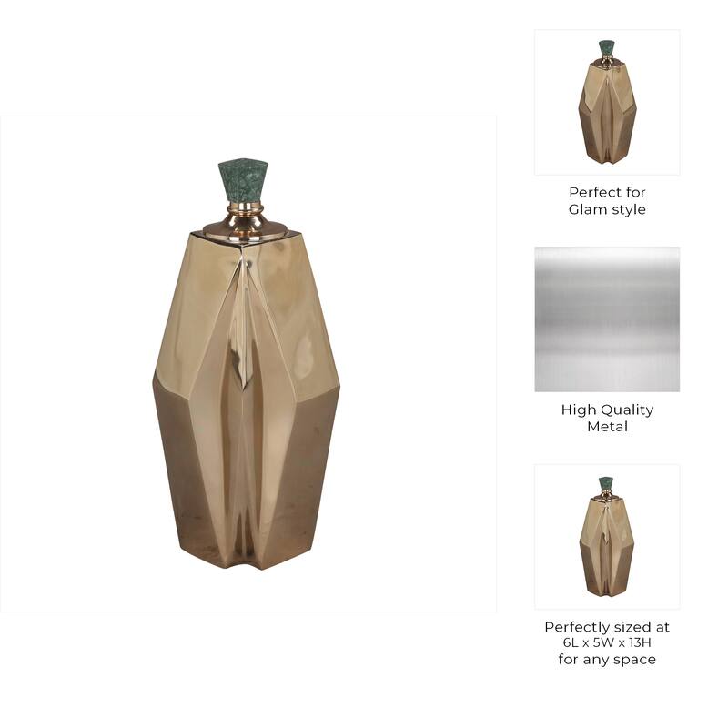 Metal and Marble Vase with Faceted Body Lid Contemporary Accent